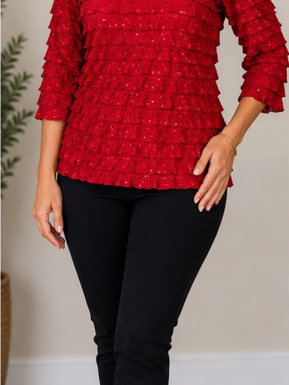 Notations Red Ruffled petite sequin knit Top PM 3/4 Sleeve Holiday Party